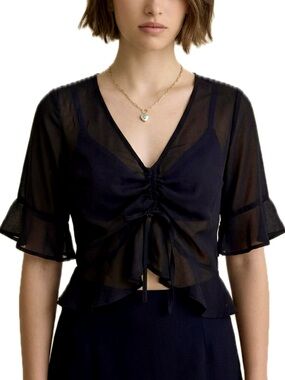 Polly Sheer Black Chiffon Ruffle Sleeve Ruched Front Sexy Crop Top Womens Size 6
